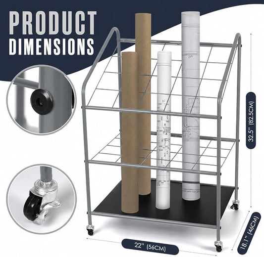 Houseables Blueprint Holder, Blueprint Storage, Construction Plan Holder, Storage Rack, Print Rack, Map Cabinet, Poster Display, Blue Print Organizer on Wheels, Architect, Paper, Tube, 20 Slot Cart