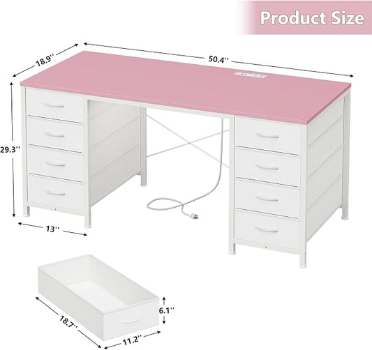 YOMILUVE 50 Inch Computer Desk with 8 Drawers, Home Office Desk with Power Outlets, Work Study Gaming Desk with 8 Fabric Drawers, Pink
