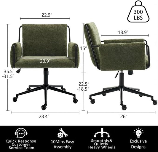 YOUNIKE Wide Seat Home Office Chair with Arms Modern Desk Chair with Wheels Fabric Vanity Chairs with Comfy Back Cross Legs Adjustable Swivel Rolling Computer Task Chair for Study Bedroom Makeup Green