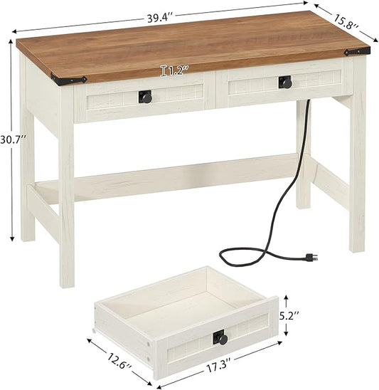 YOMILUVE Farmhouse Computer Desk with 2 Drawers, 39 Inch Small Office Computer Desk with Power Outlets, Compact Writing Study Desk for Small Spaces, Antique White