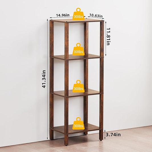 YUFAM 4 Tier Tall Wooden Bookshelf with Storage - Small Bookcase for Small Spaces, Shelf for Living Room, Office, Bedroom, Kitchen - Industrial Retro Brown Book Shelf