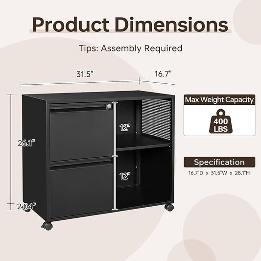 2 Drawer File Cabinet for Home Office, Rolling File Cabinets with Lock, Under Desk Metal Filing Caninet with Wheels for A4 / F4 / Letter/File Box, Black-Assembly Required