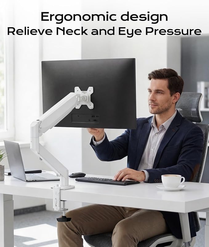 Pholiten Single Monitor Mount, Fully Adjustable Gas Spring Single Monitor Arm for up to 32 inch Screens, Computer Monitor Stand for Desk Holds up to 24lb, VESA 75/100mm, White