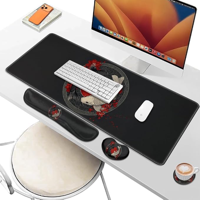 Desk Pad and Keyboard Wrist Rest, Large Mouse Pad + Keyboard Pad+Mouse Wrist Support, Non-Slip Desk Mat Protector for Office, Home 31.5×11.8 Inches Black and White Fish
