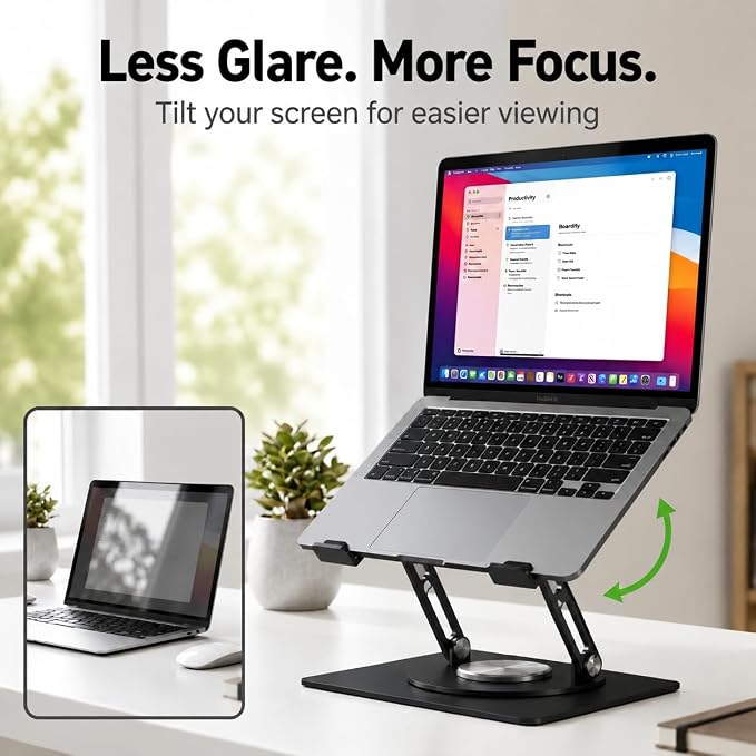 Uncaged Ergonomics Swivel Laptop Stand for Desk, Adjustable Computer iPad Stand for Desk w/ 360 Rotation, Portable Laptop Holder for Home Office Ergonomic Supplies (Black)
