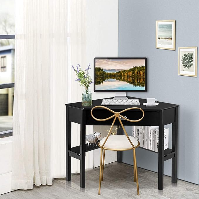 HOMGX Corner Desk, Writing and Study Corner Computer Desk, Laptop PC Table, Wood Home Office Desk, Small Corner Desk with Storage Drawer, Shelves, Office Study Workstation (Black)