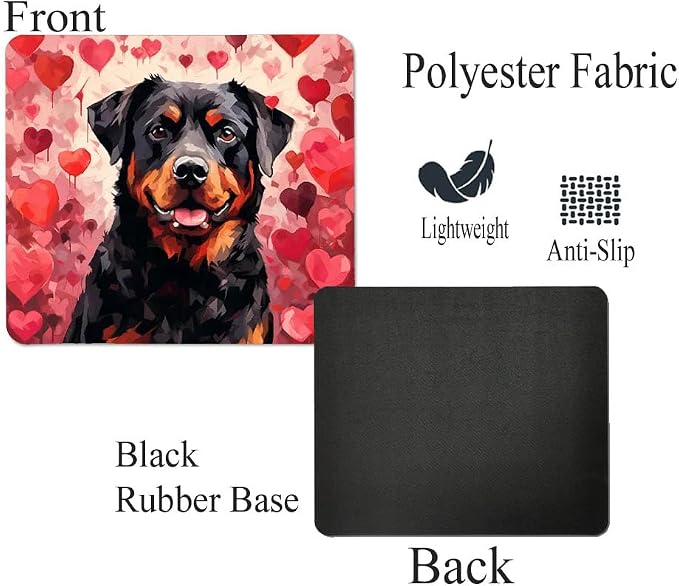 Rottweiler Mouse Pad Dog with Red Hearts Pattern Non-Slip Rubber Mouse Pad Puppy in Love Mouse Pad for Home Office Work Desk Computer Desktop Laptop for Dog Lovers