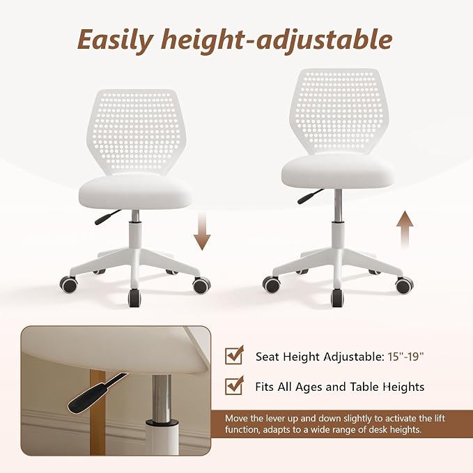 Small Office Chair with Wheels, Armless Desk Chair Height Adjustable Swivel Rolling Task Chair Breathable Mesh Ergonomic Computer Work Chair for Adult, White