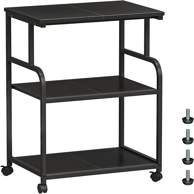 3-Tier Adjustable Large Printer Stand with Storage, Rolling Printer Cart with Lockable Wheels for Home, Office (Black)