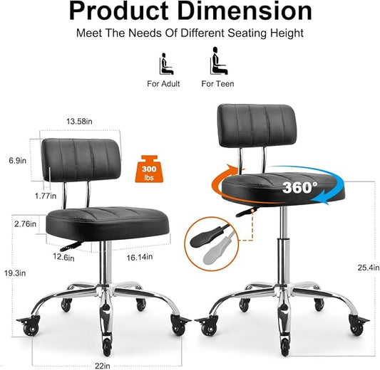 JOSTZHXIN Office Desk Chair with Wheels, Rolling Stool with Backrest Height Adjustable, Swivel Stool with Low Back Lumbar Support, Square PU Leather Swivel Chair with Back (3.2-in PU Wheel)