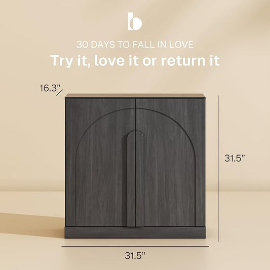 BELLEZE 31.5" Kitchen Storage Cabinet with Adjustable Shelves,Freestanding Accent Cabinet with Fluted Arched Design & Wood Handles,Modern Credenza for Living Room,Dining Room,Entryway - Ebony