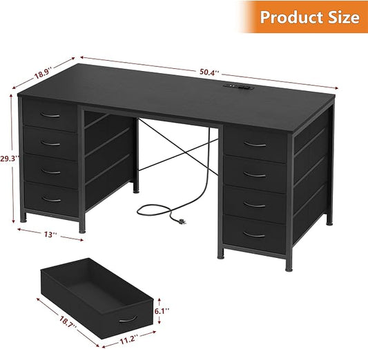 YOMILUVE 50 Inch Computer Desk with 8 Drawers, Home Office Desk with Power Outlets, Work Study Gaming Desk with 8 Fabric Drawers, Black