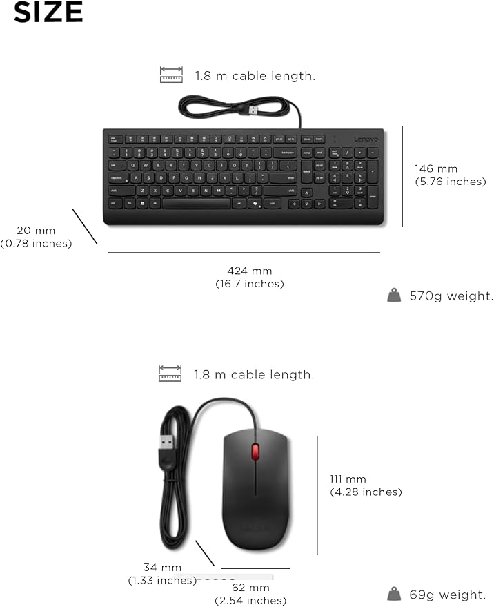 Lenovo Essential Wired Keyboard & Mouse Combo - US English, Adjustable Feet, Spill Resistant Keys, Full Size Ambidextrous Optical Mouse, 1600 DPI, Black