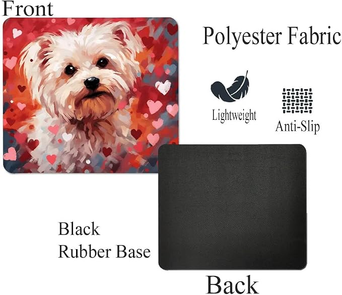 Maltese Mouse Pad Dog with Red Hearts Pattern Non-Slip Rubber Mouse Pad Puppy in Love Mouse Pad for Home Office Work Desk Computer Desktop Laptop for Dog Lovers
