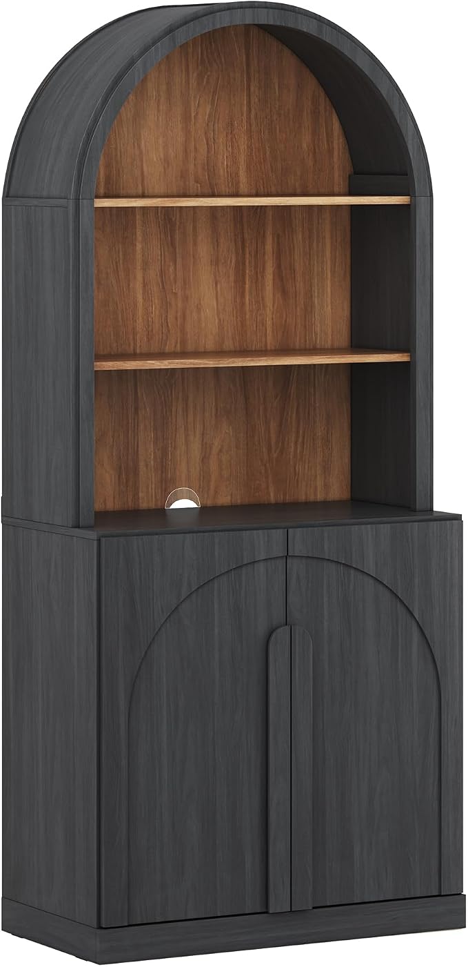 BELLEZE 71" Tall Storage Cabinet with Arched Hutch, Wooden Sideboard Buffet Cabinet with Adjustable Shelves for Pantry Organizing, 5-Tier Modern Storage Unit for Living Room Home Office, Ebony