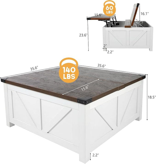 jimeimen Farmhouse Lift Top Coffee Table with Storage, Wood Square Center Table with Charging Station&USB Port, Living Room Table w/Large Hidden Space, for Living Room, Bedroom, Home Office, White