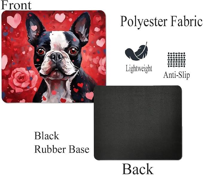 Boston Terrier Mouse Pad Dog with Red Hearts Pattern Non-Slip Rubber Mouse Pad Puppy in Love Mouse Pad for Home Office Work Desk Computer Desktop Laptop for Dog Lovers