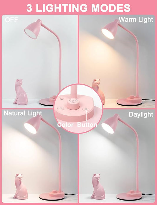 BOHON Cute Desk Lamp with USB Charging Port, 3 Color Modes Dimmable, Pink | Pink Lamp LED Reading Lamp, Flexible Neck Auto Dimming Table Task Light for Home Office Dorm Bedside