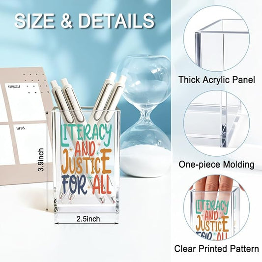 Literacy And Justice For All Acrylic Makeup Brush Pencil Holder Cup, Social Justice Gifts for Women Sister Friend Coworker, Stop Book Banning Protect Librarian, Pen Holder for Desk Accessories