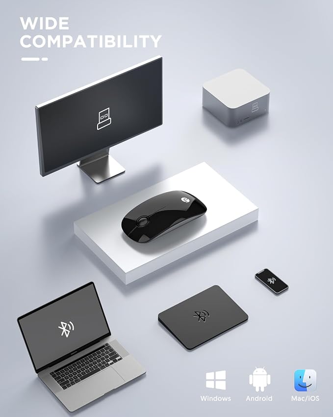 RAPIQUE Bluetooth Wireless Mouse - (BT5.1+USB) Slim Dual Mode Computer Mice with Quiet Click, Low Power, and 1600 DPI, Portable Mouse for MacBook, Laptop, iPad Pro/Air, Surface Pro (Black)