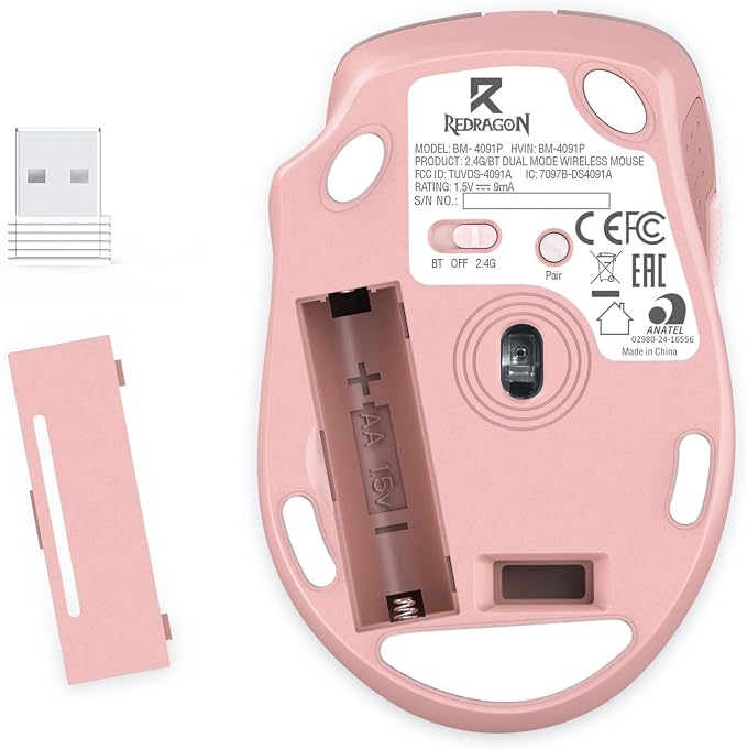 Redragon Wireless Mouse for Laptop, Bluetooth Mouse (BT5.0/3.0&2.4G) with 5 Level 4000DPI, Silent Cordless Computer Mice 6 Buttons,18 Months Battery,Compatible with PC, Laptop, Desktop-Pink