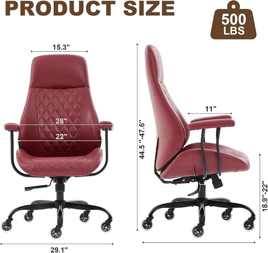 Office Chair with Rubber Wheels, Ergonomic Computer Chair 500 lbs, Leather Desk Chair with Lumbar Support, Executive Chair Adjustable Height & Recline, Red | Ergonomic, Lumbar Support, 360° Swivel & Rolling Wheels, Adjustable Height, for Adults & Women