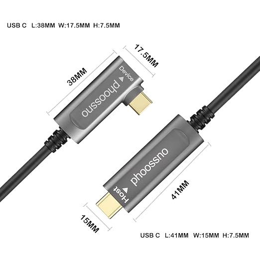 phoossno USB C to C Fiber Optical Cable USB 3.1Type C Angle Cable 10Gbps 33FT Compatible with Microsoft Azure Logitech Camera Aver &Vaddio & Barco ClickShare Touch Screen Kinect Intel RealSense