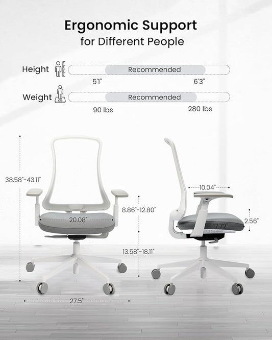 ProtoArc Ergonomic Office Chair – Flexer Mesh Couputer Chair for Women, Foam Sliding Seat, 125° Recline, Home Desk Chairs for Small Spaces, Stylish & Comfortable – White