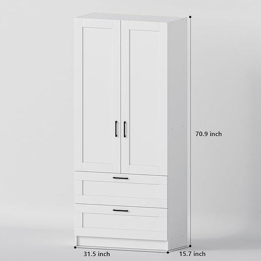 White Tall Kitchen Pantry Cabinet Organizers and Storage with Doors and Drawer and Adjustable Shelves,Wood Large Gabinetes Para Cocina Office Bookshelf for Laundry Room Cabinets (31.5”W*15.7”D*71”H)