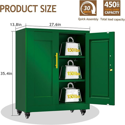 pozdeg 35" Metal Storage Cabinet with Lock and Wheels, Lockable Office File Cabinet with 2 Doors and 2 Adjustable Shelves, Rolling Steel Tool Garage Cabinets for Home Office (Green)