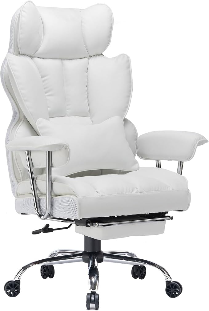 Efomao Big and Tall Office Chair 400lbs, Executive PU Leather Desk Chair with Footrest & Lumbar Support, Heavy Duty Computer Seating for Home, White | 400lbs support, 135° recline, dual-layer foam cushion, 23.5" seat & footrest. BIFMA