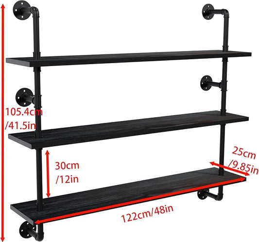 HDDFER Industrial Pipe Shelving Rustic Black Wall Shelves with Wood Planks Industrial Floating Shelves 48 Inch 3 Tier Farmhouse Bookshelf Pipe Shelves Wall Mounted,Open Shelving For living room/office