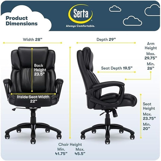 Serta Garret Executive Office Chair, Ergonomic Mid-Back with Lumbar Support, Semi-Plush Cushion and Body Pillows, Padded Armrests, Swivel Base, Bonded Leather, Space Black