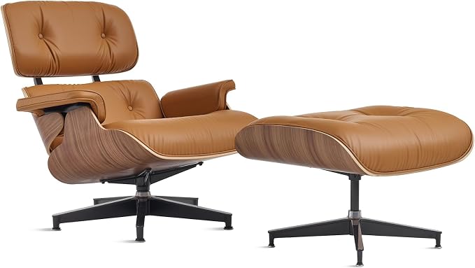 Mid Century Chaise Lounge Chair with Ottoman, Genuine Leather Reading Chair, Modern Chair Classic Design, Heavy Duty Base Support for Living Room Study Lounge Office,Tall Upgraded, Walnut Brown