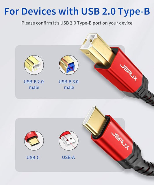 JSAUX USB B to USB C Cable 10ft, USB C Printer Cable Compatible with MacBook Pro, HP, Epson, Canon, Brother, Lexmark, Xerox Printers and Scanner-Red (Pack of 2)
