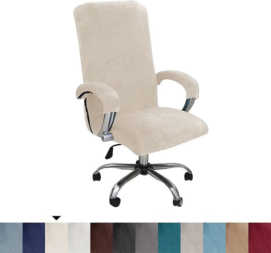 Velvet Plush Office Desk Computer Chair Cover for Executive, Beige, XL | Stretchable, Cat Proof with Wheels, Armrest Protector for Pets & Kids, Removable, For Ergonomic Mesh Computer Rolling Chair