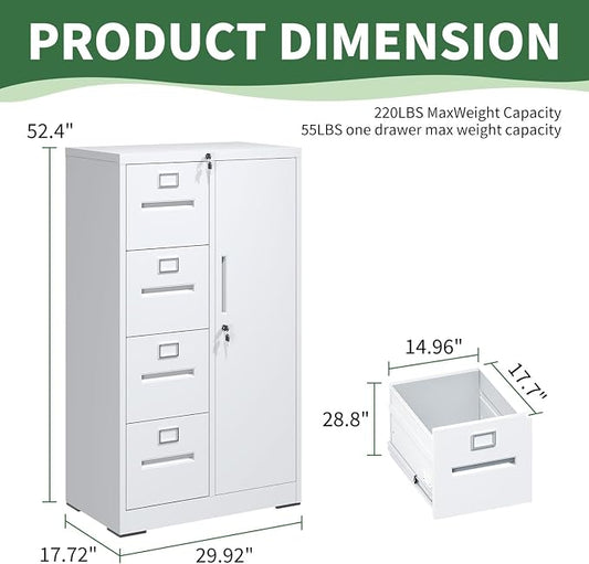 File Cabinet 4 Drawer, Vertical File Cabinet with Lock and 1 Door, File Cabinet with Storage Shelves for A4 Legal/Letter, Assembly Required (White)