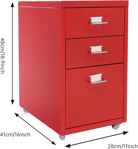 3-Drawer Mobile File Cabinet, Metal Filing Storage Cabinet with Wheels Small Nightstand Under Desk Organizer for Home Office (Red)