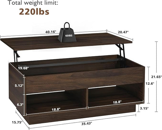 HOMMPA LED Coffee Tables for Living Room, 40 Inch Lift Top Coffee Table with Hidden Storage Mid Century Modern Center Table, Smart Gaming Tea Tables for Home Office Walnut