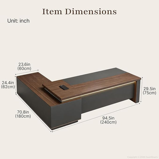 95" Reversible L-Shaped Executive Desk with Locking Drawers, Large Office Desk for CEO and Manager Office, Power Outlet, USB Ports, Storage Shelves, Privacy Panel and LED Light, Walnut Gray