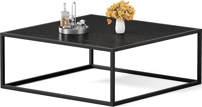 31.5" Square Coffee Table, Mid-Century Modern Black Center Table for Living Room, Floor Table for Sitting on The Floor, Wood Cocktail Tea Contemporary Tables with Metal Frame for Office Apartment Home