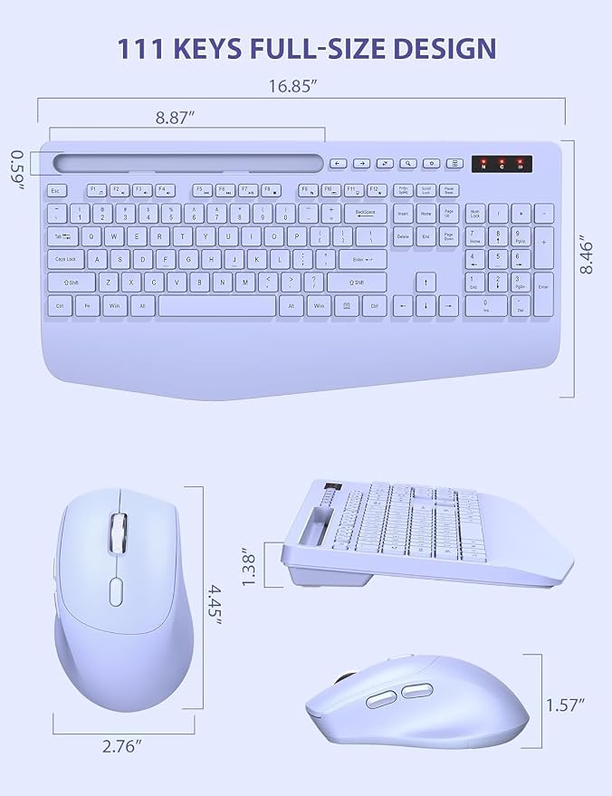 SABLUTE Wireless Keyboard and Mouse, Wrist Rest, Phone Holder, Batteries Included, 2.4G Lag-Free Ergonomic Keyboards Mouse Combo, KM23D Silent Keyboards Set for Computer, Laptop, PC, Windows, Purple