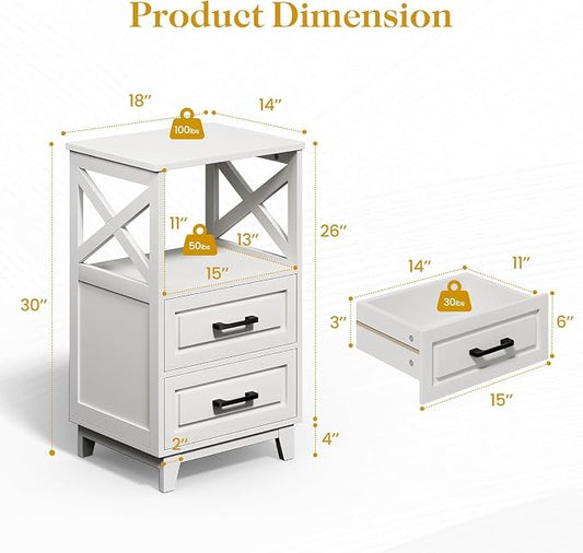RoyalCraft 30" Tall Nightstand, Modern Painted Bedside Table with 2 Drawers and Open Shelf, Wood Side Table for Bedroom, Home Office, White-Open Shelf Above, Set of 2