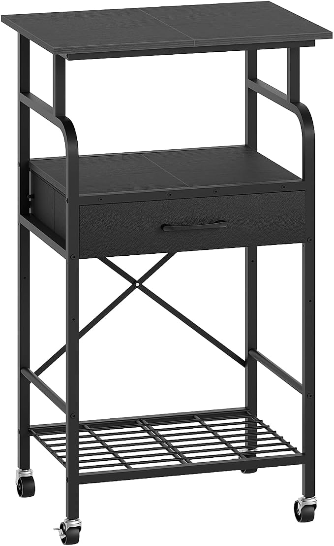 MAHANCRIS Tall Printer Stand, 3 Tier Printer Cart with Storage, Industrial Printer Table on Wheels, Adjustable Shelf & Fabric Drawer, for Home Office Study Black PTBK5501
