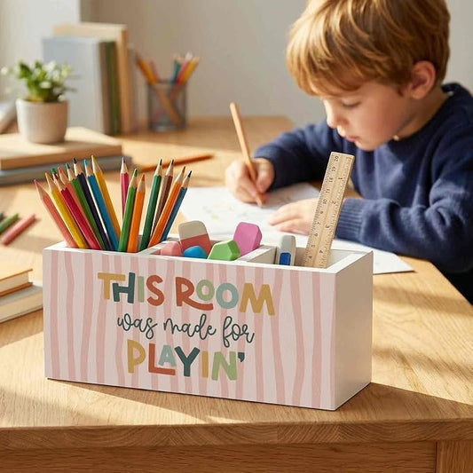 Boho Playroom Kids Pencil Pen Holder for Desk Organizer, Playroom Decor, This Room Was Made for Playin Wooden Box Decorations for Kids Girls Room Bedroom Desk Tabletop Decor