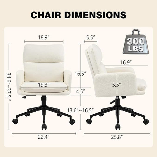 Comfortable Home Office Chair, Upholstered Desk Chair with Double-Layer Cushioning, Adjustable Height Swivel Task Chair with Padded Armrests, Rolling Wheels and Metal Base, Ivory White