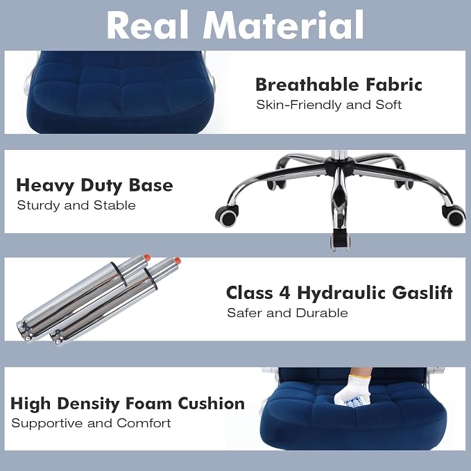Fabric Home Office Chair Comfy, Velvet High Back Executive Desk Chair with Flip-Up Arms, Ergonomic Office Chairs with Lumbar Support, Upholstered Computer Chair with Wheels,Blue