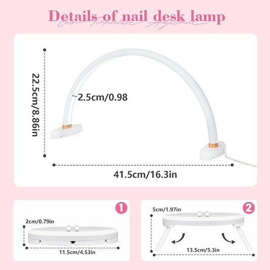 Half Moon Light for Nail Desk 16 inch Nail Desk Light Half Moon Lamp Portable Arch Lamp Dimmable with Foldable Bracket for Desk Salon Table Use, 3 Color Temperature