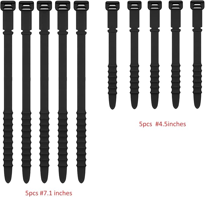 Silicone Zip Ties, Reusable Zip Ties, Rubber Cable Ties Straps for Wire Management, Elastic Silicone Ties Cable Organizer for Home Office, Black Cord Ties in Two Sizes 4.5" and 7.1" (5+5 Pcs Black)