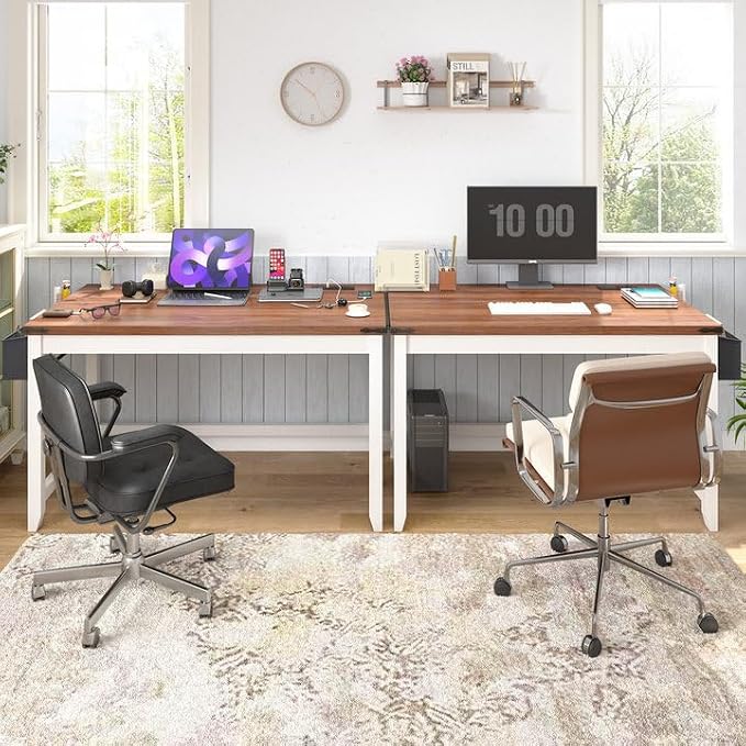 EnHomee 40 Inch Small Desk with Storage Bag Detachable, Writing Desk with Power Outlet, Modern Simple Home Vanity Desk for Small Spaces, Study Desk for Bedroom, Brown & White